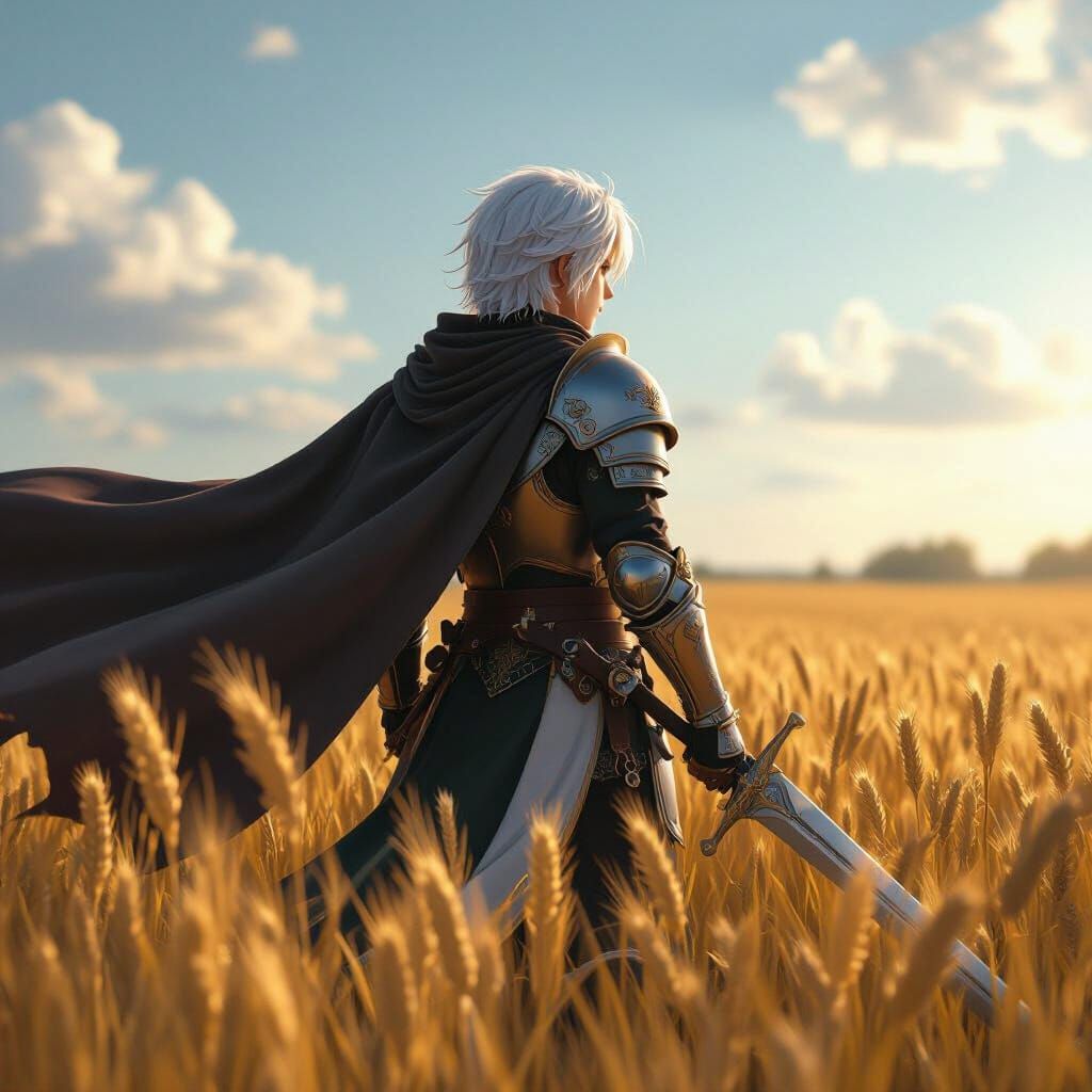 Hero in Wheat Field Facing Sun, Sword Drawn