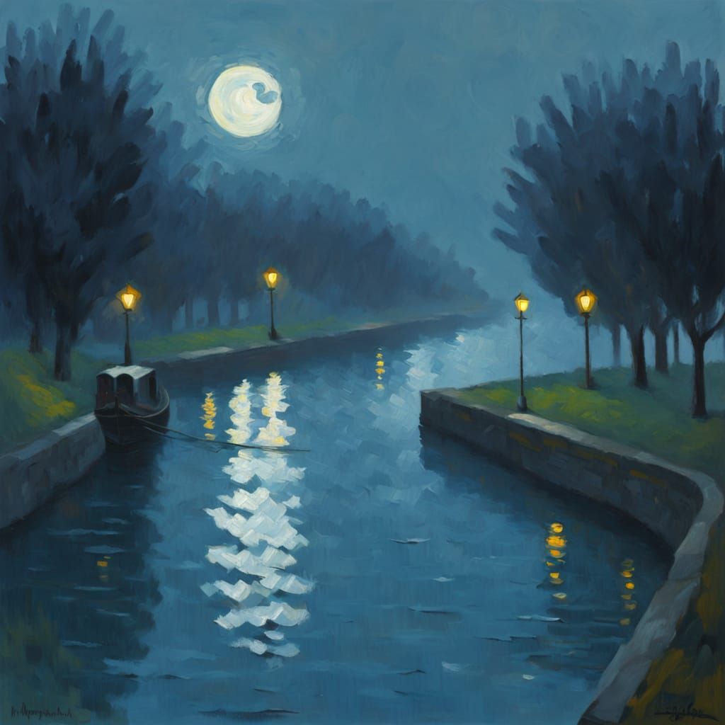 Impasto Oil Painting of a Moonlit Canal