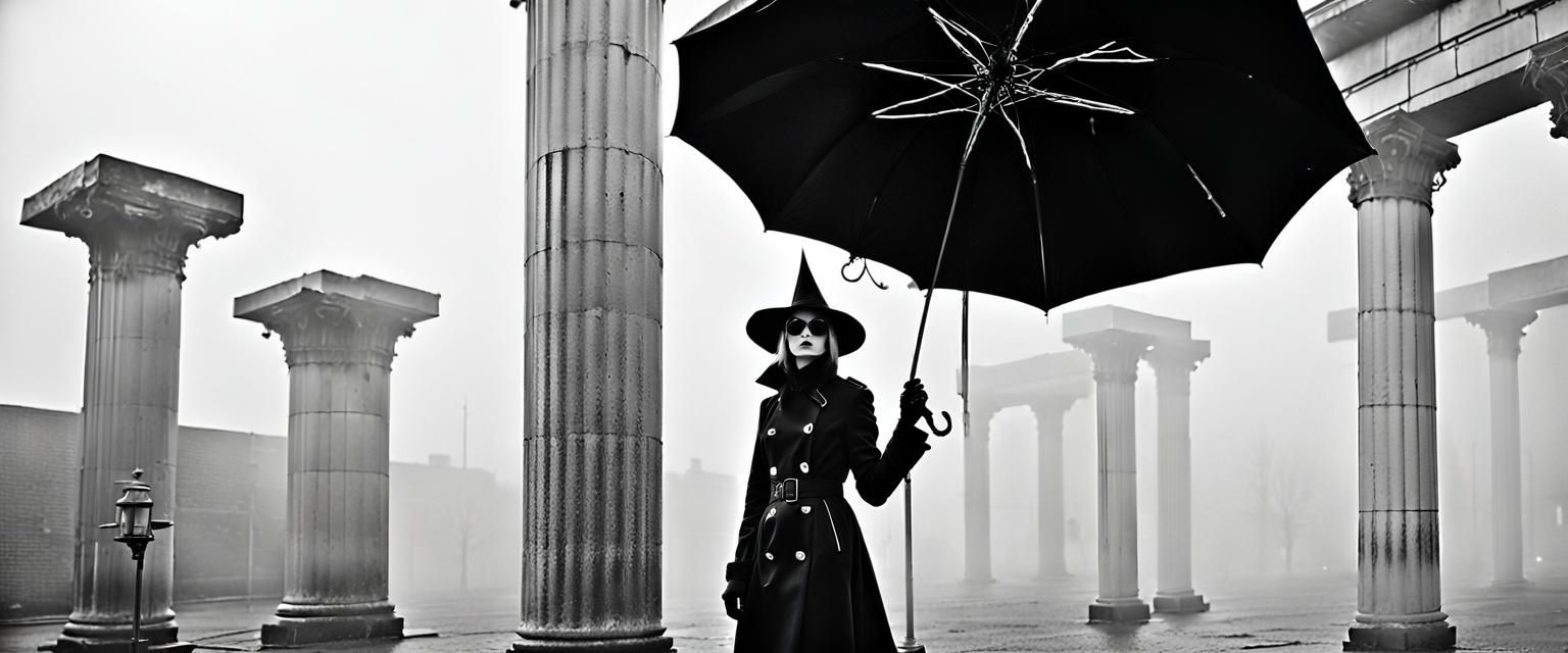 Goth Robot Model in Coffee Shop, Black and White Photo