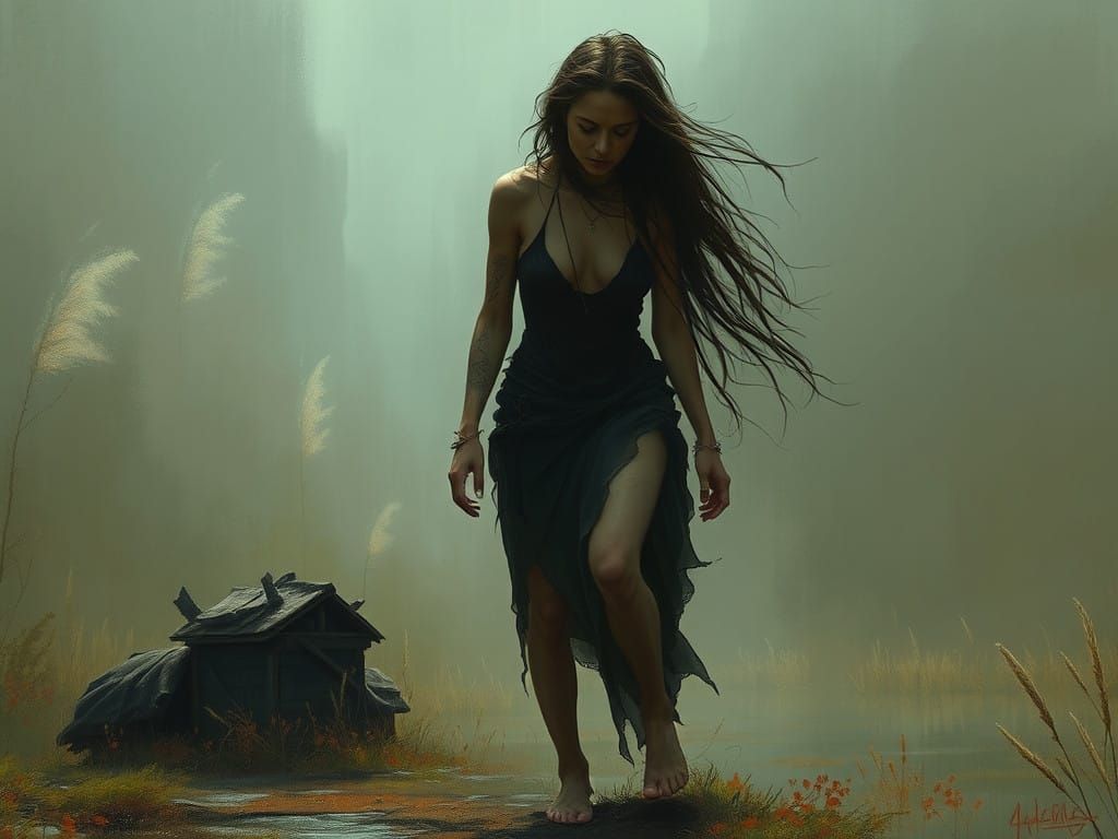 Ethereal Bohemian Goddess Strolls Past a Foreboding Abandone...