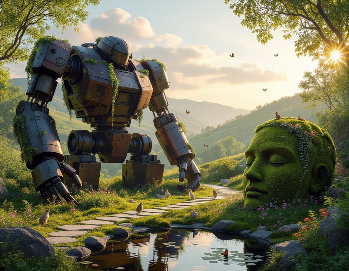 Tranquil Mech Garden Reclaimed by Nature
