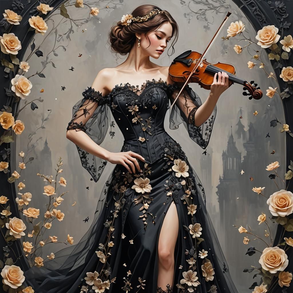 Surreal Woman Playing Violin in Ornate Gown
