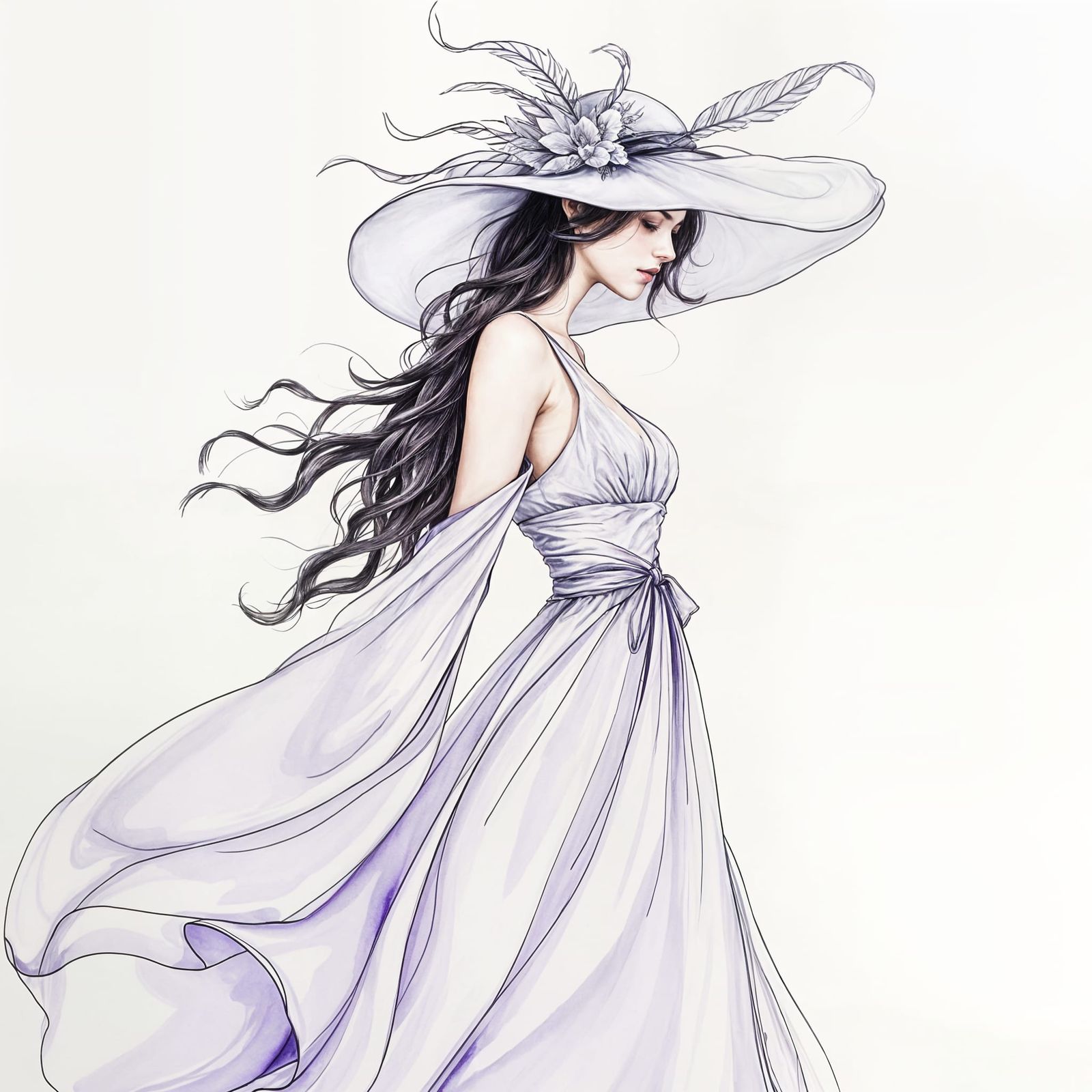 Whimsical Silk Dress in Lavender, with Delicate Feathers