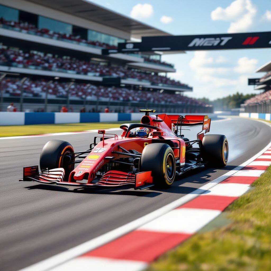 Ferrari F1 Car Speeds Down Racetrack in Hyperrealistic Style