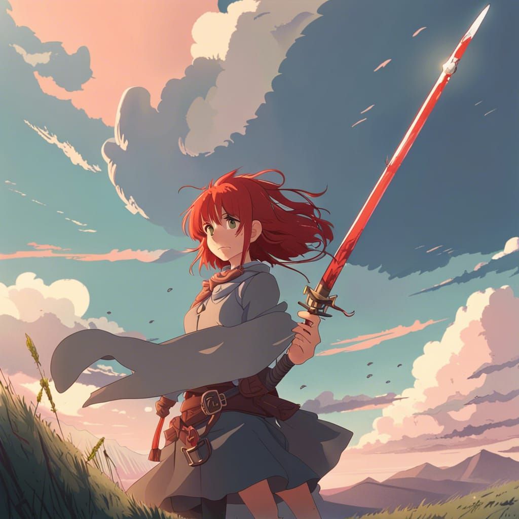 Red-Haired Cowgirl Warrior in Anime Style