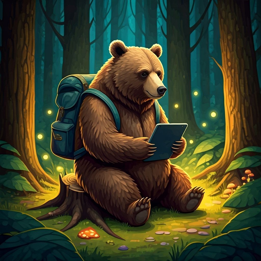 Bear's Digital Discovery in Enchanted Forest: Digital Painti...