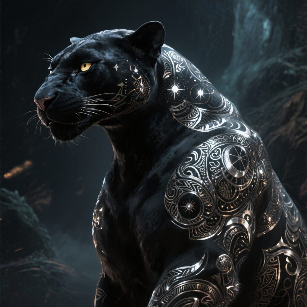 Black Panther with Silver Tattoos in Digital Art Style