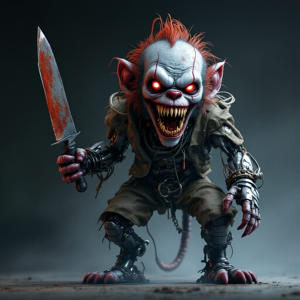 Terrifying Zombie Monkey Clown Toy in Cyberpunk Style