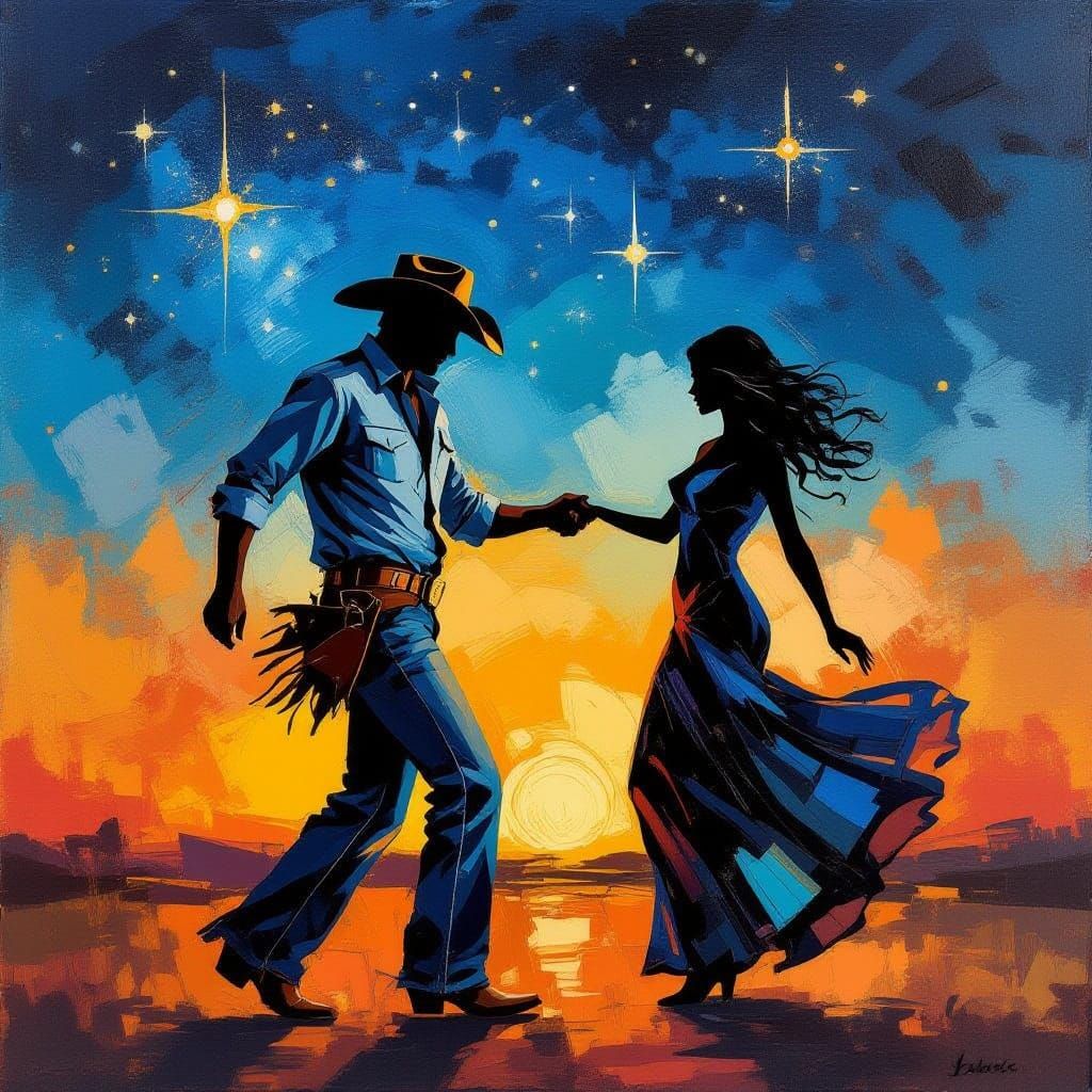 Cowboy Dancing with Shadow Under Starry Sky