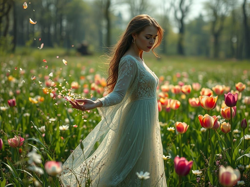 Woman Transcending in Whispers of Tulips and Vibrant Auras
