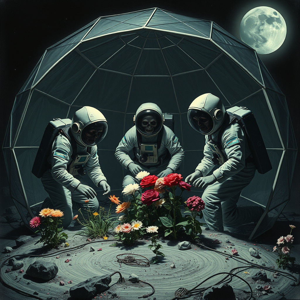 Eerie Lunar Greenhouse: Spacesuit Gardeners on the Moon