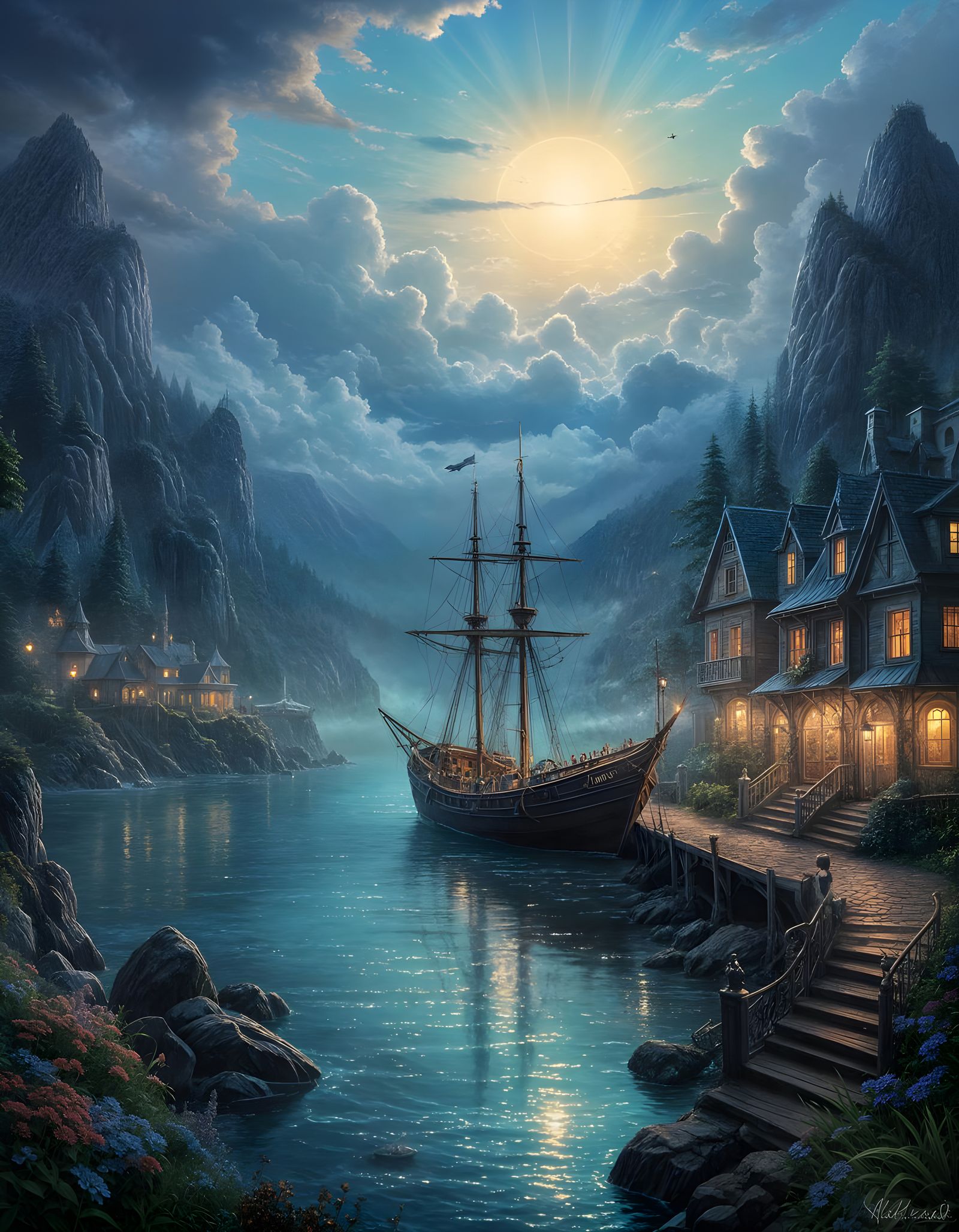 Ethereal Art Deco Sky with Boat in Neon Mist