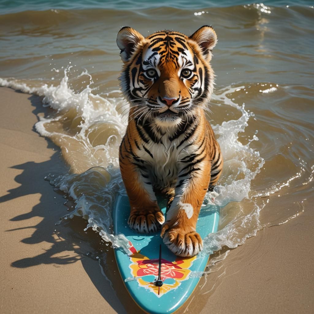 A tiger cub on a surfboard