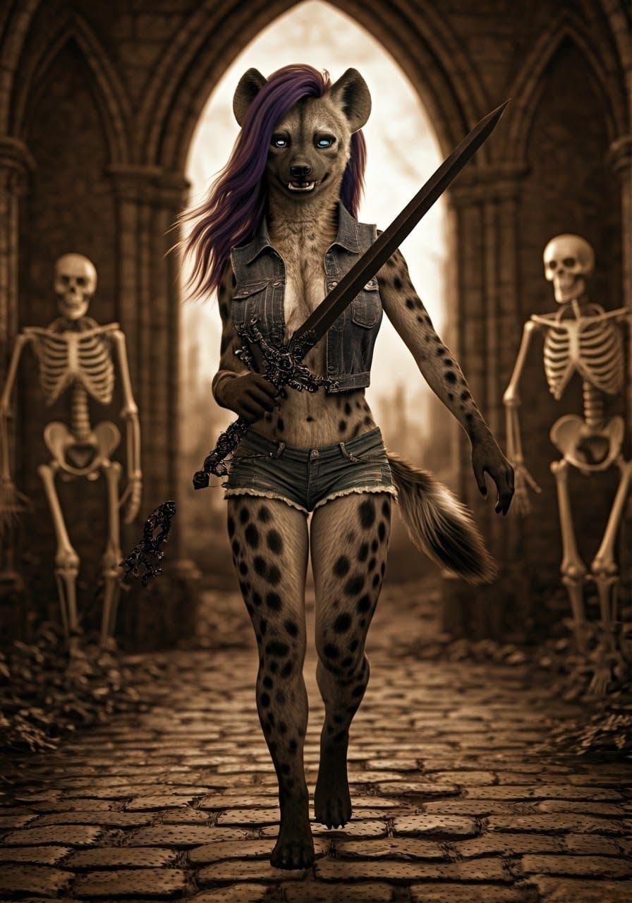 Anthropomorphic She-Hyena in Gothic Graveyard
