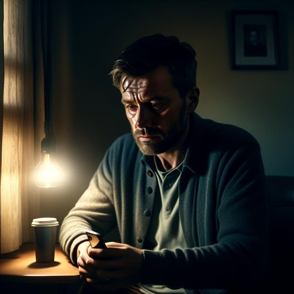 Melancholic Man in Dimly Lit Room: Digital Portrait