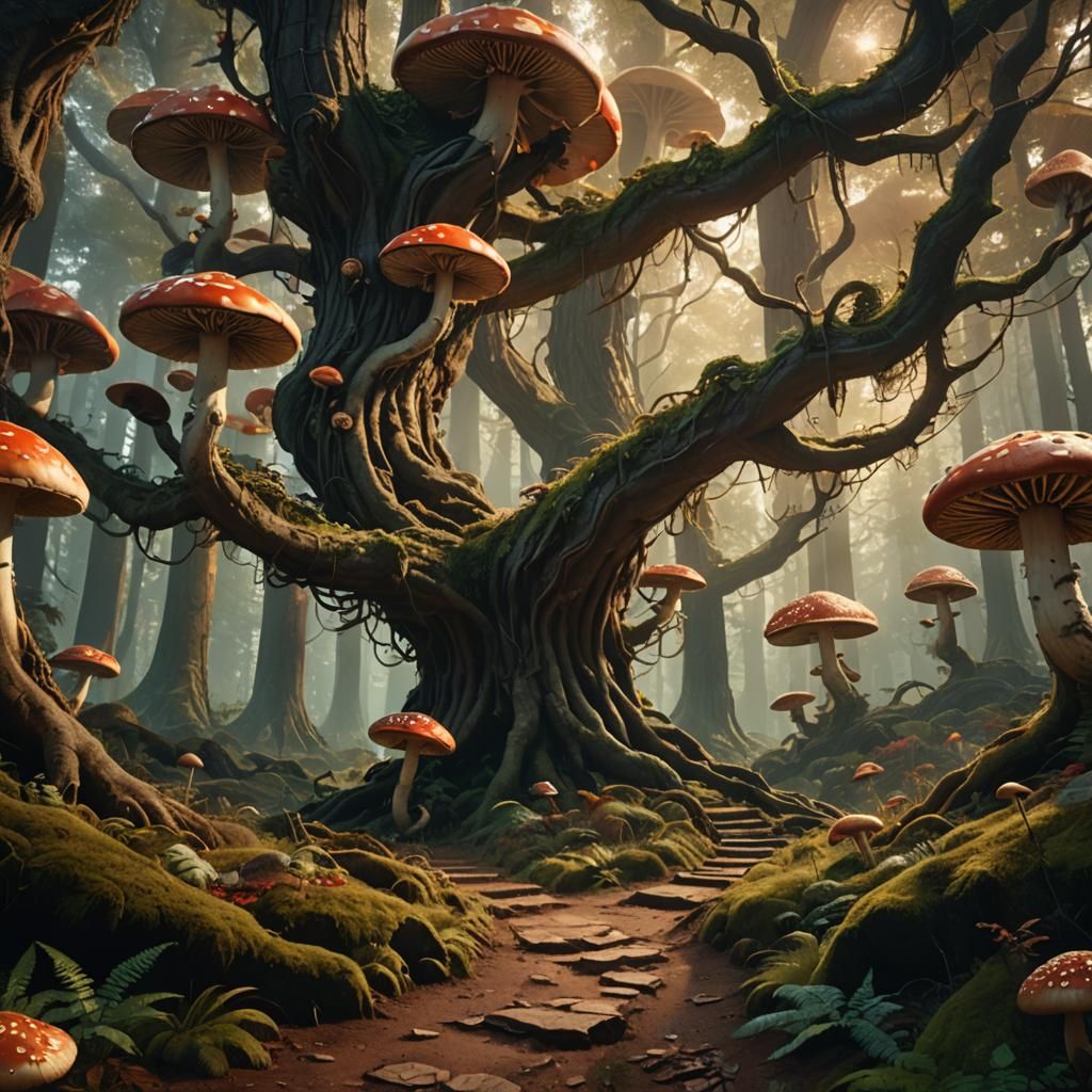 Enchanted Forest Path with Giant Mushrooms