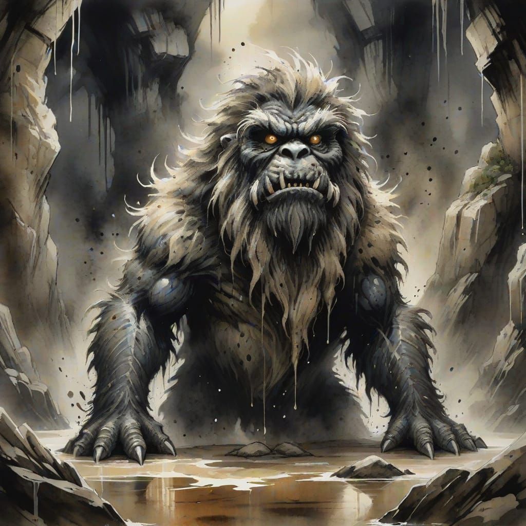 Shaggy Monster Emerging from Well in Sumi-e Style