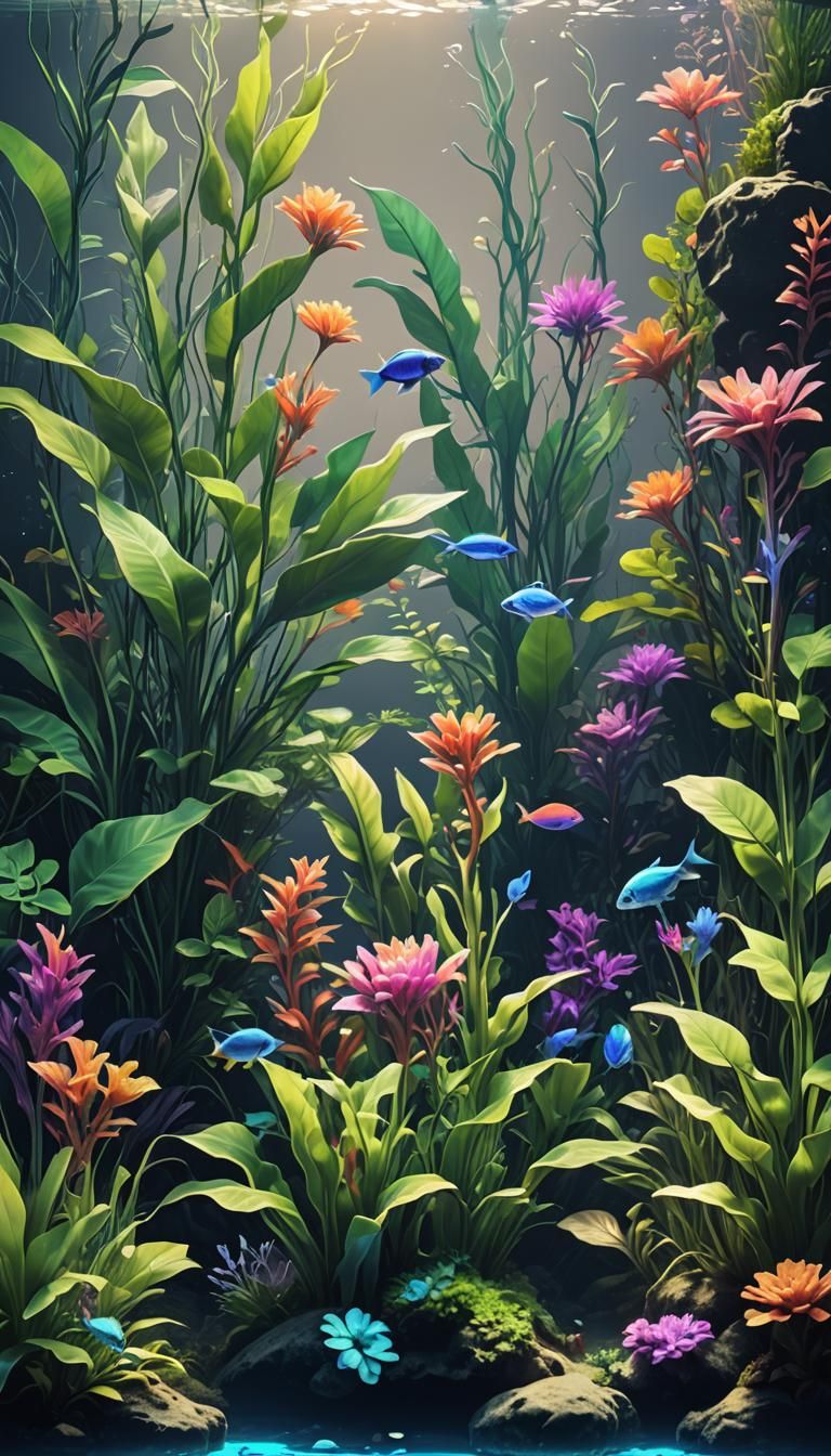 Bioluminescent Aquarium Plants in Mystical Underwater Scene