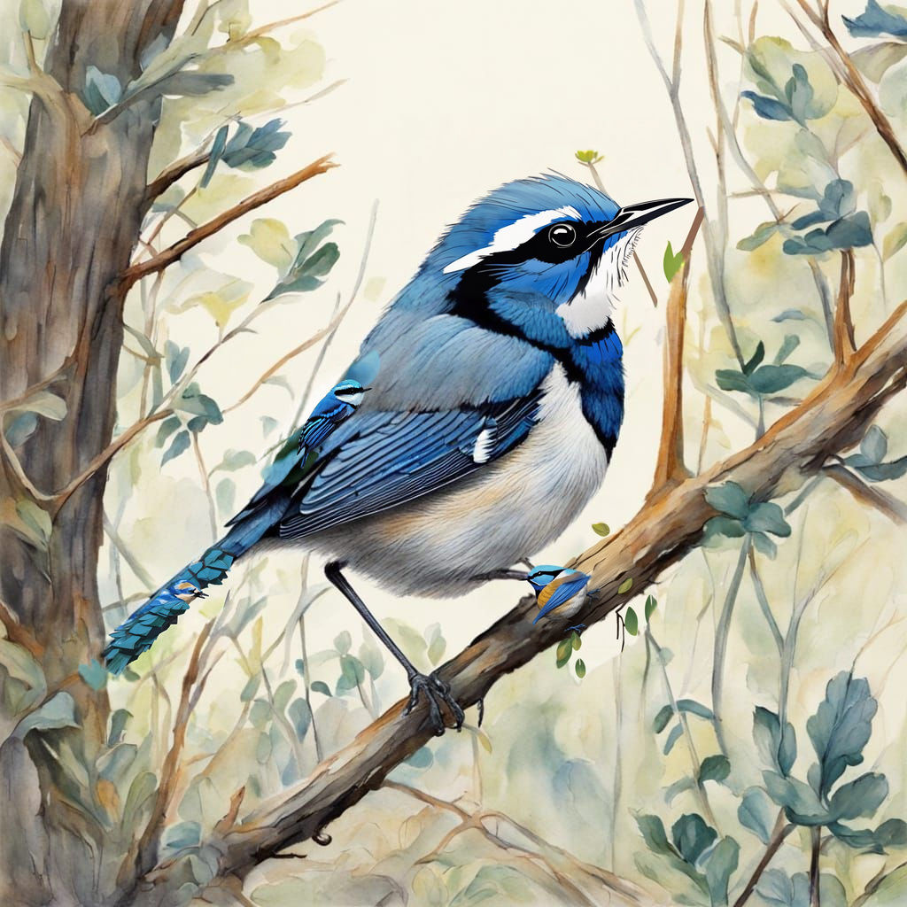 Blue Wren Perched on Forest Branch