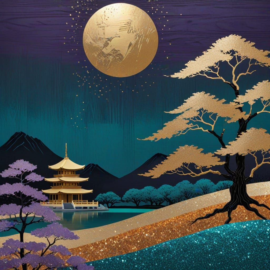 All gold Japanese landscape with temple   6