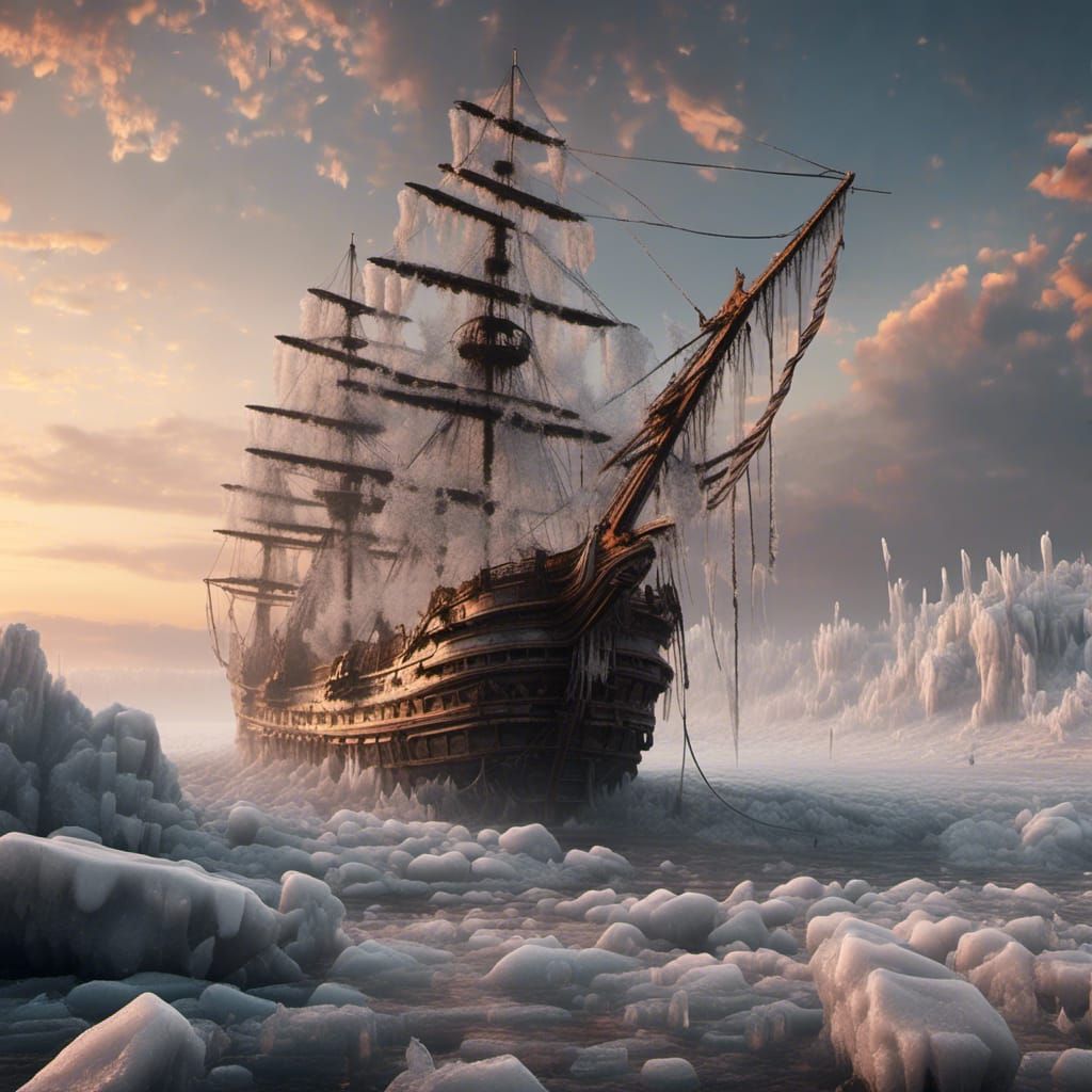 Frozen Sailing Ship in Winter Seascape