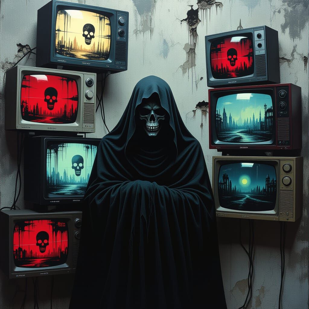 Grim Reaper Emerges from Television Static