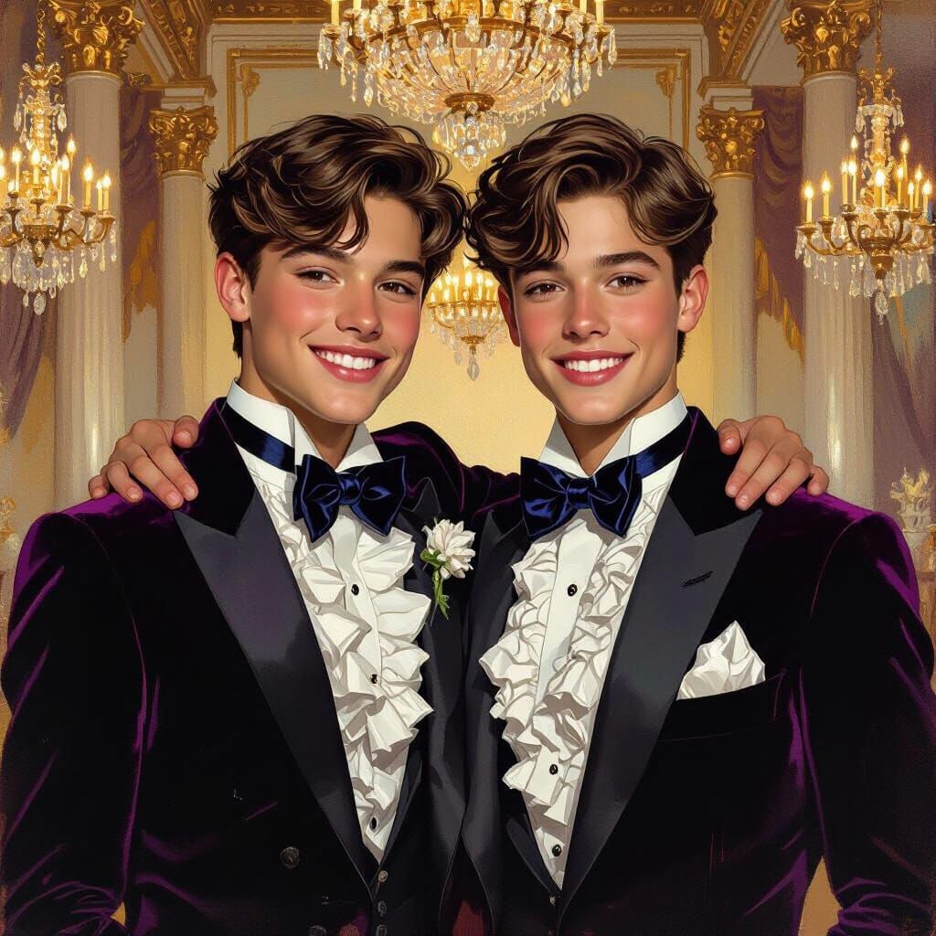 Elegant Teens in Velvet Tuxedos in Gilded Ballroom