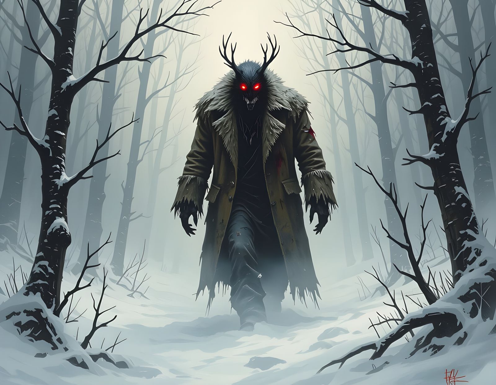 Wendigo Stalks a Snowy Forest: An Oil Painting