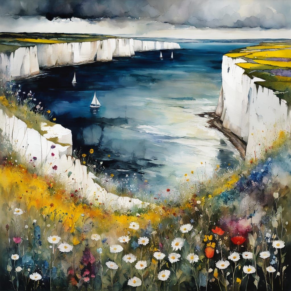 White Cliffs Wildflower Meadow in Encaustic Painting Style