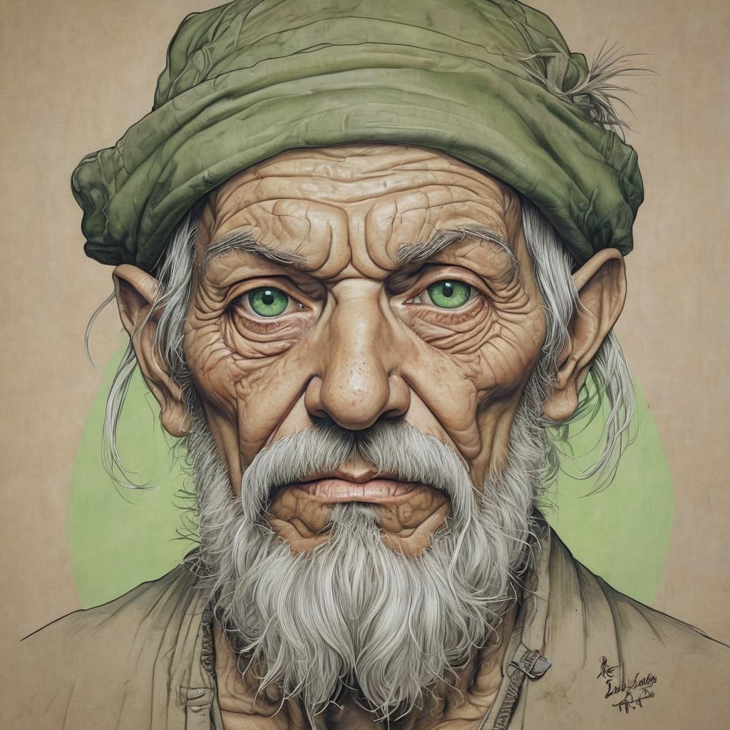 Grotesque Dieselpunk Hobo with Glowing Green Eyes
