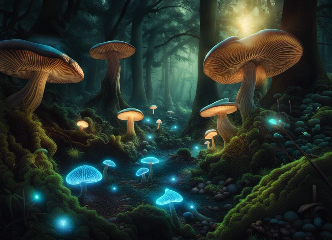 Enchanting Bioluminescent Forest with Glowing Fairies