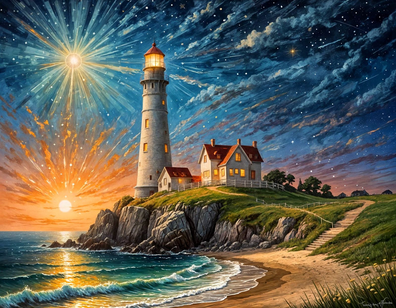 Lighthouse Under Starry Sky: A Tranquil AI Vision