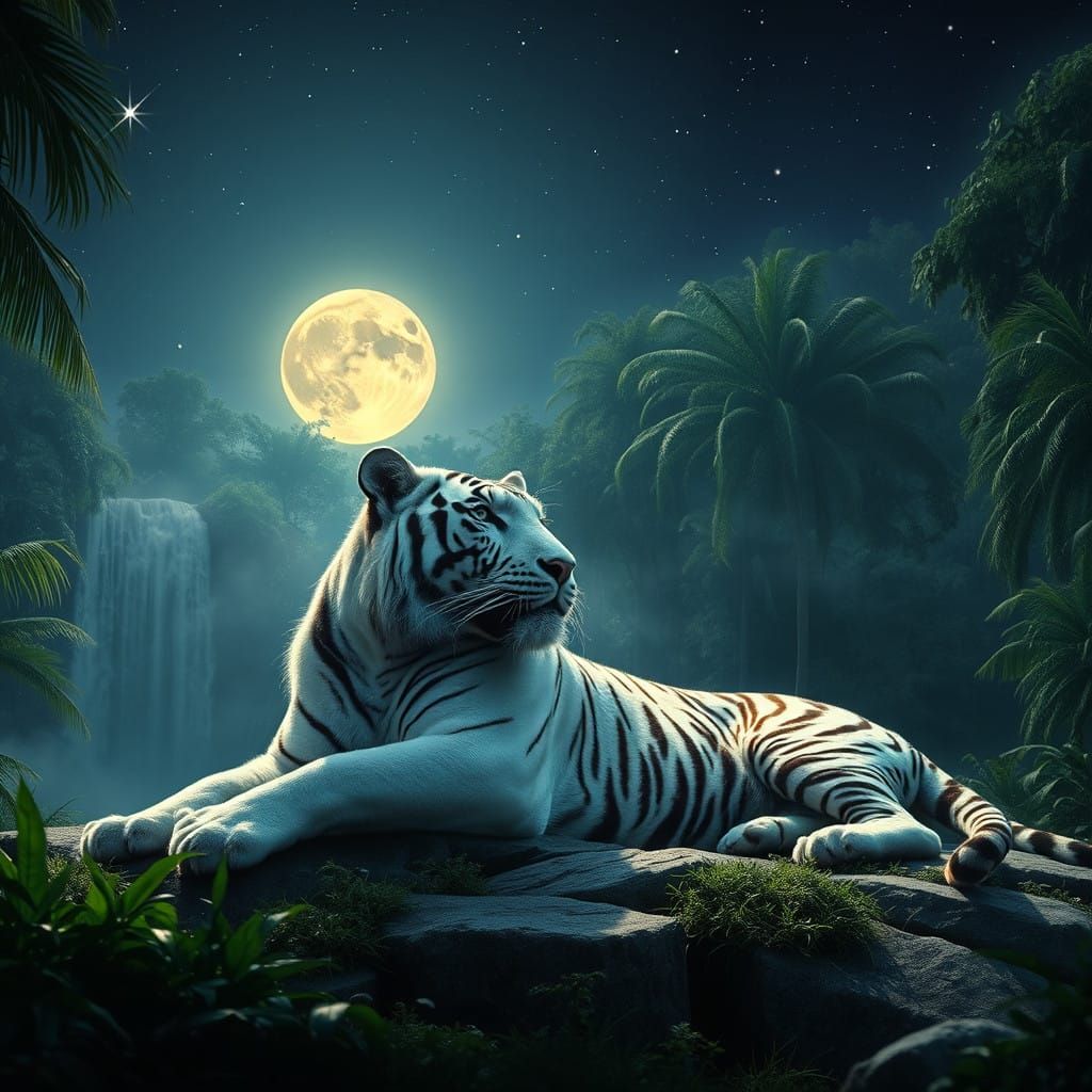 Majestic White Tiger Basks in Moonlit Tropical Forest