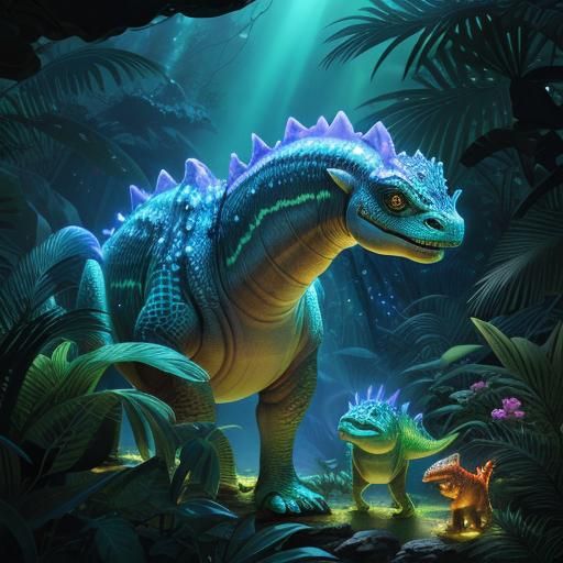 Bioluminescent Baby Dinosaurs in Magical Jungle, Detailed Il...