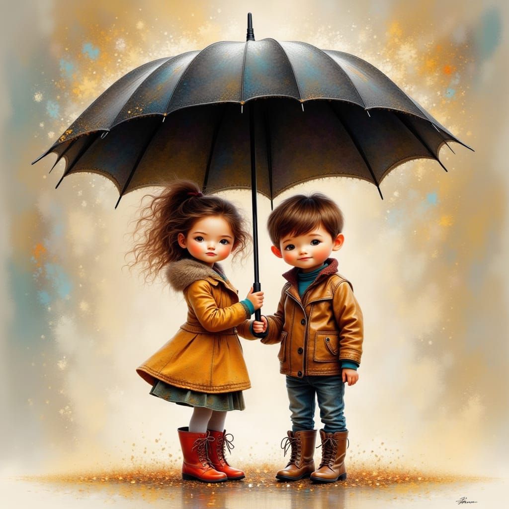 Children in Boots Under Umbrella, Illustrative Style