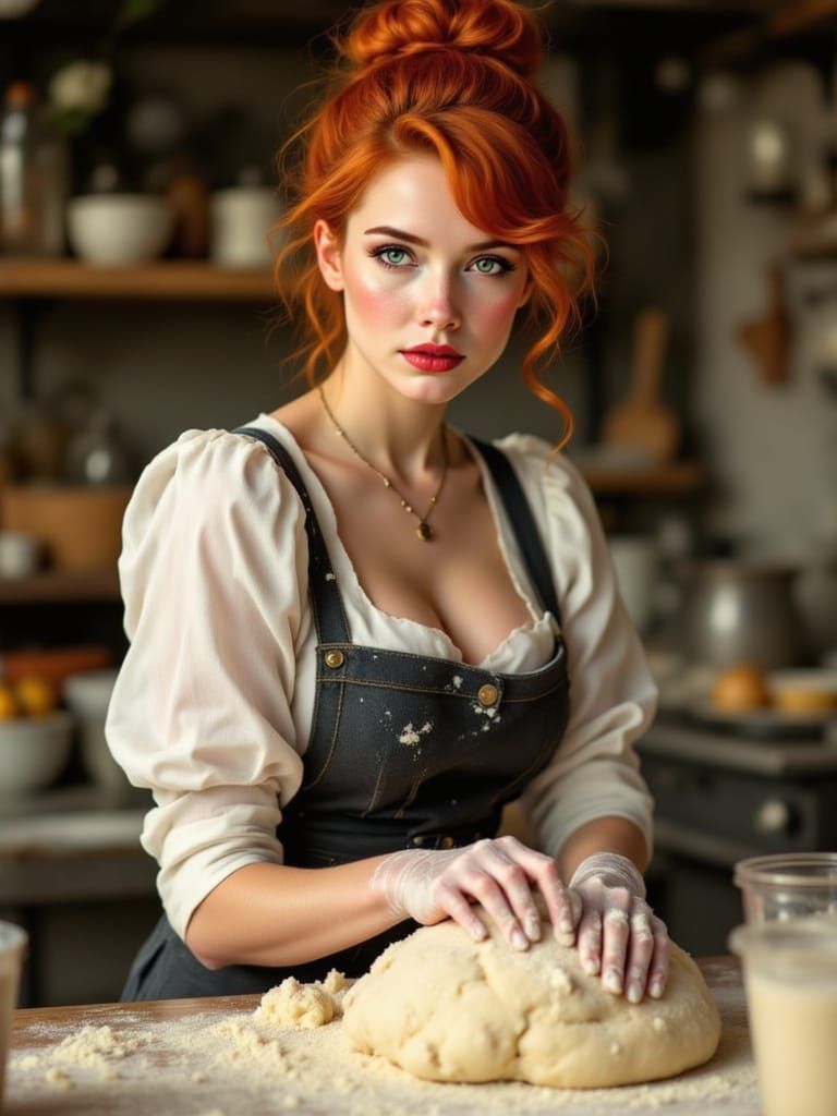 Redhead Baker Kneading Dough in 1500s Kitchen