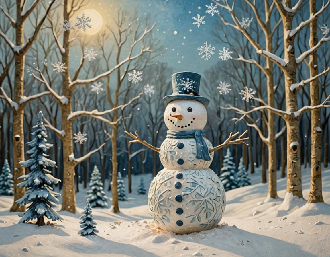 Papier-Mâché Snowman Sculpture in Winter Wonderland