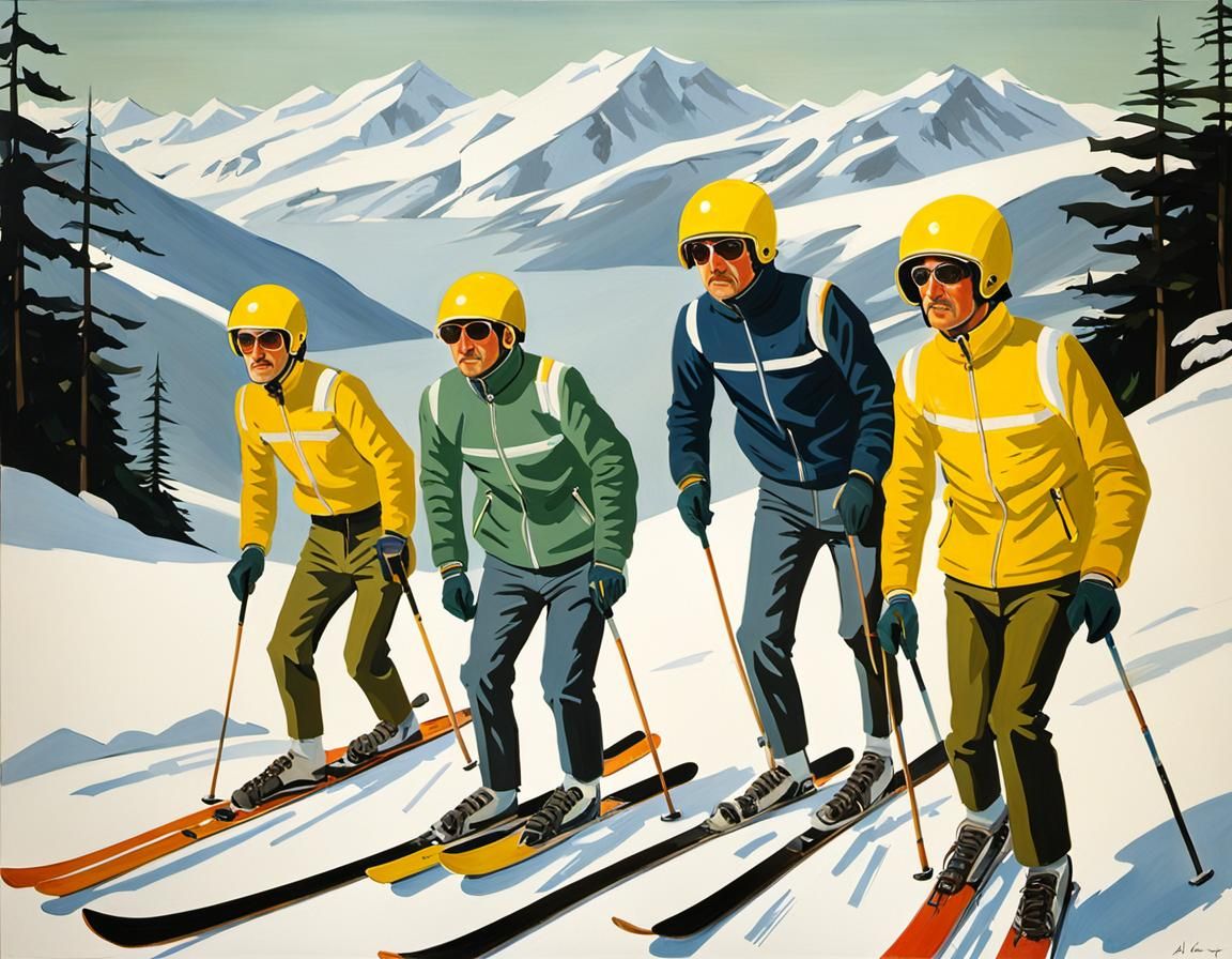 the beatles with yellow skihelmets skiing in scottish highlands