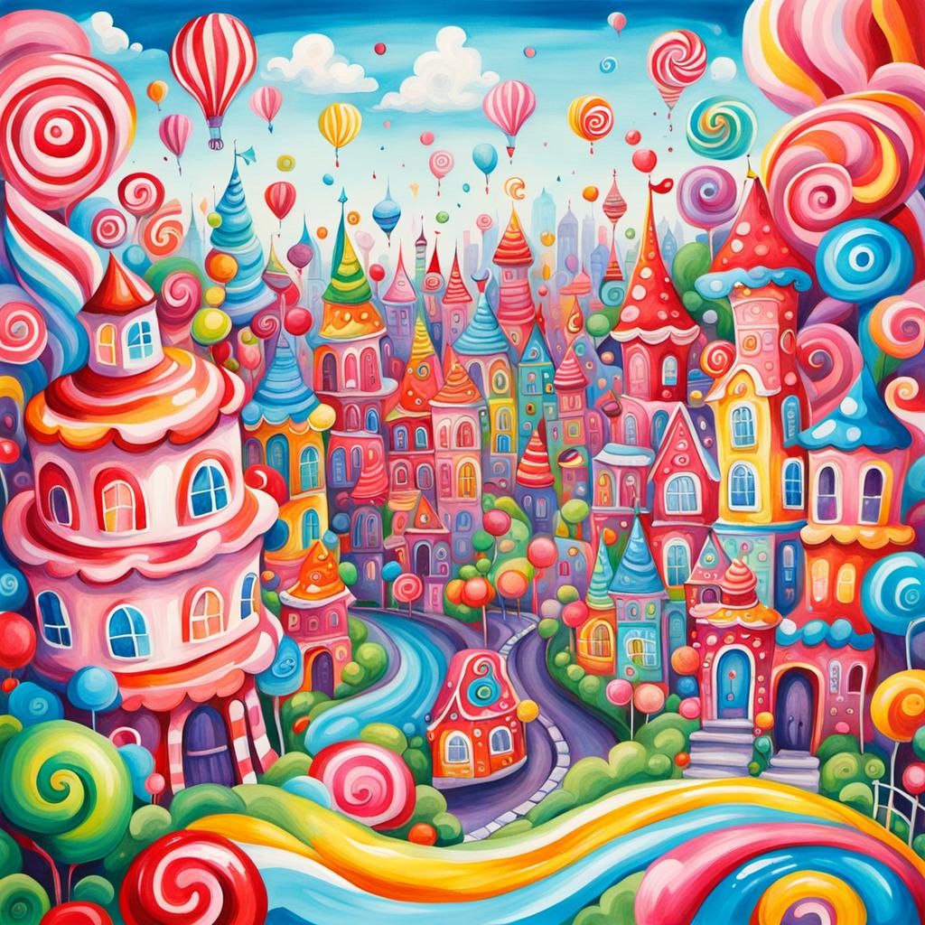 Candyland Cityscape with Gouache Swirls