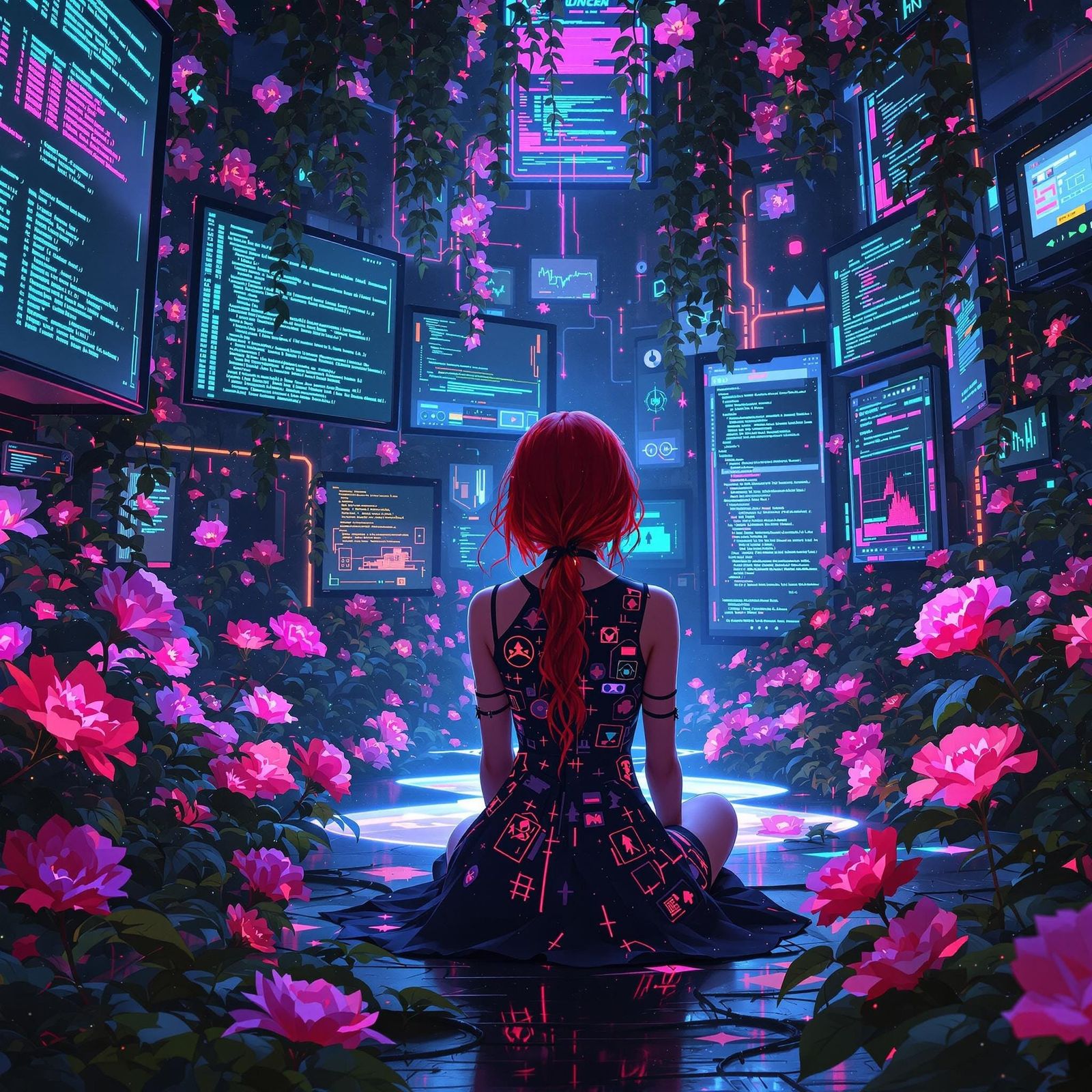 Red-Haired Hacker in Virtual Neon Garden