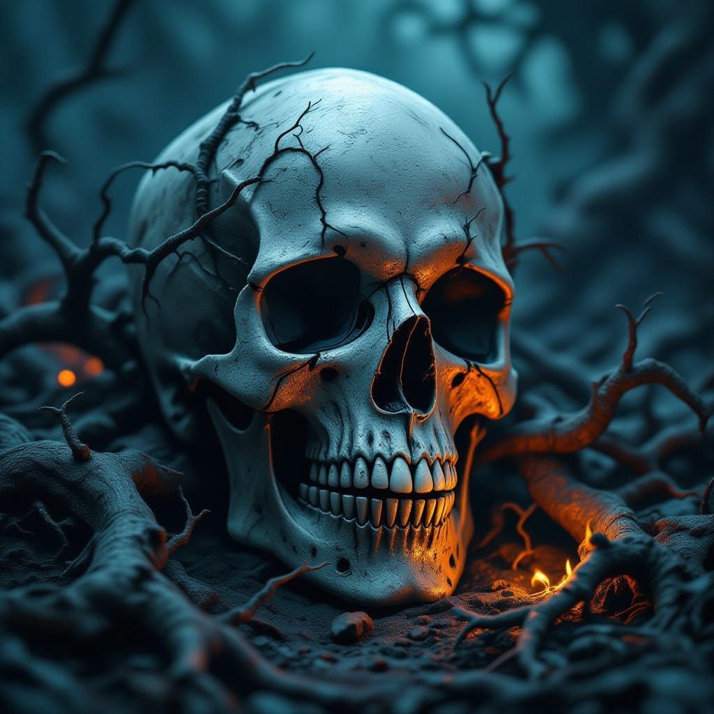 Macabre Skull Art with Roots and Metal