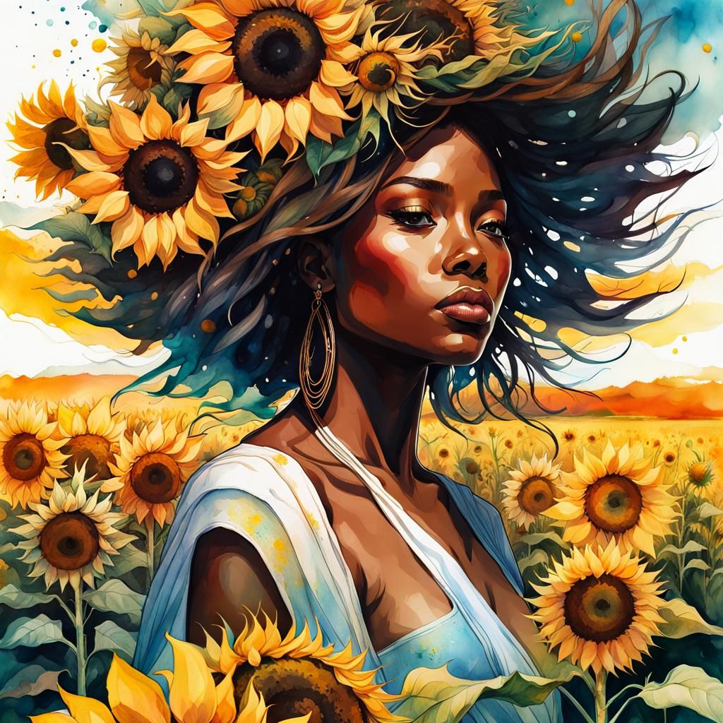 Sunflower Double Exposure in Watercolor Illustration Style