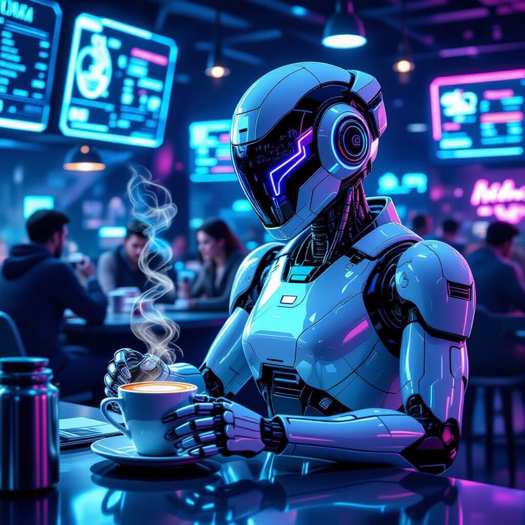 Robot Barista Serves Coffee in Futuristic Cafe Digital Paint...
