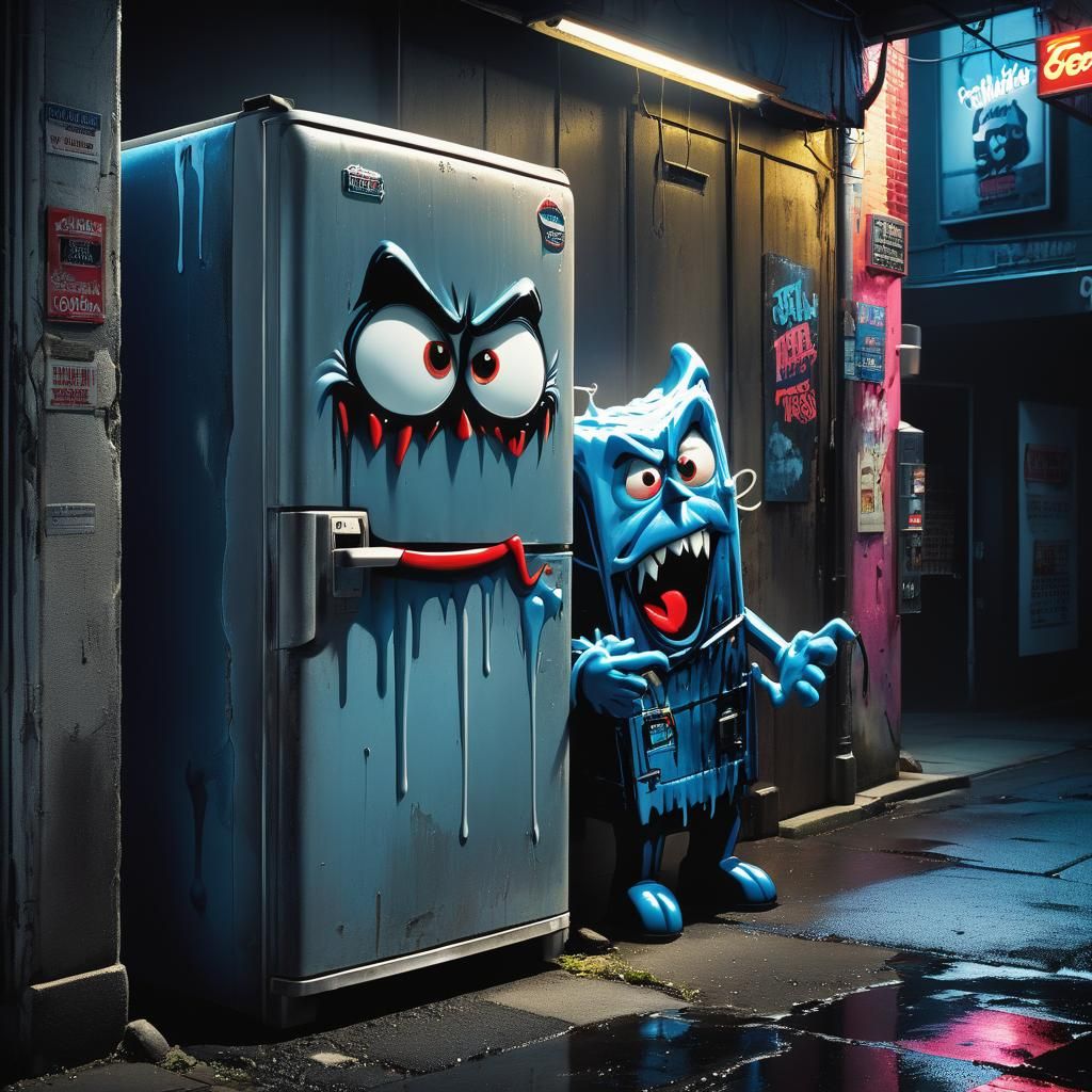 Evil Mascot in Alley: Surrealist Advertising Art