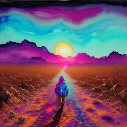 Ethereal Desert Odyssey in Vibrant Watercolour