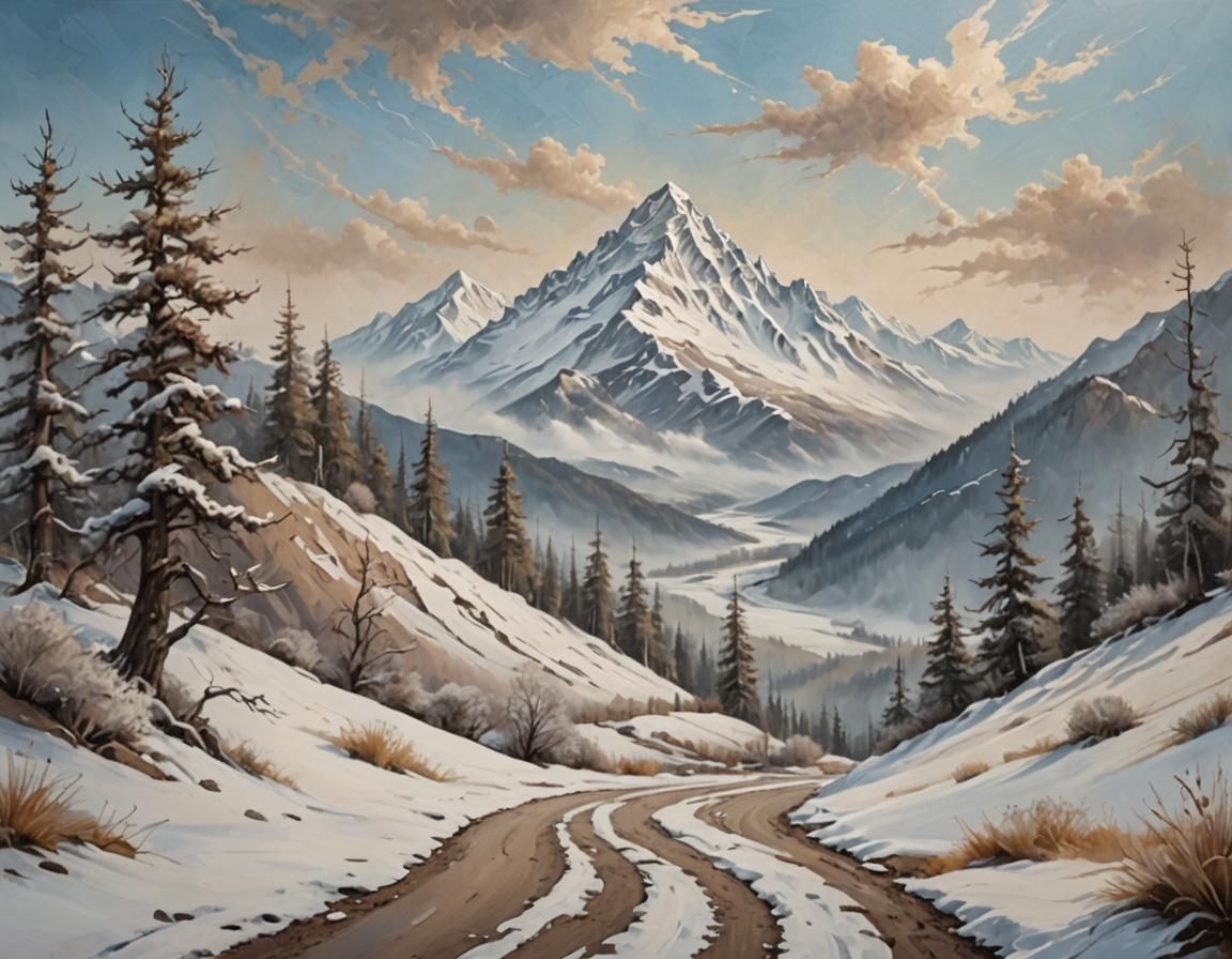 Snowy Mountain Vista in Acrylic Paint Style