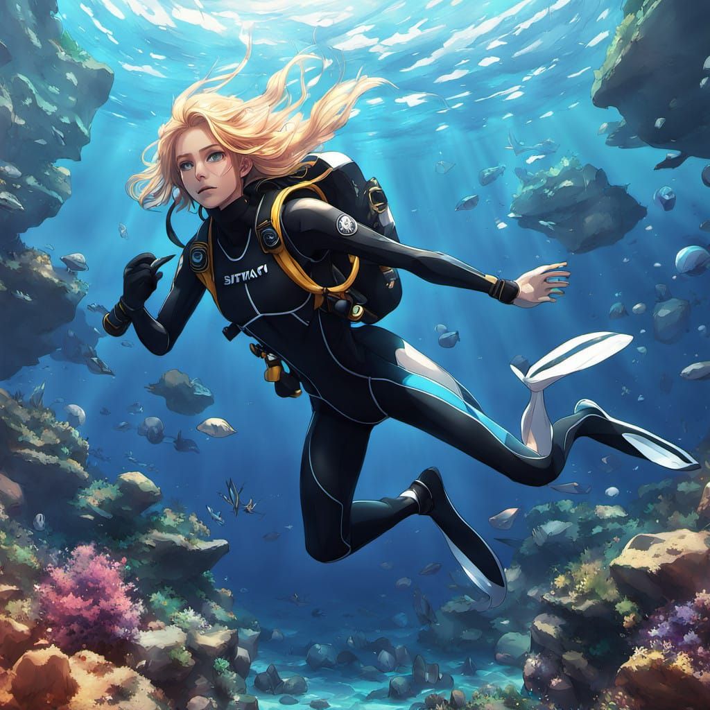 Surreal Anime Goddess Descends into the Turquoise Abyss