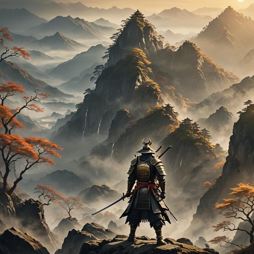 Samurai Warrior with Shining Sword in Misty Landscape