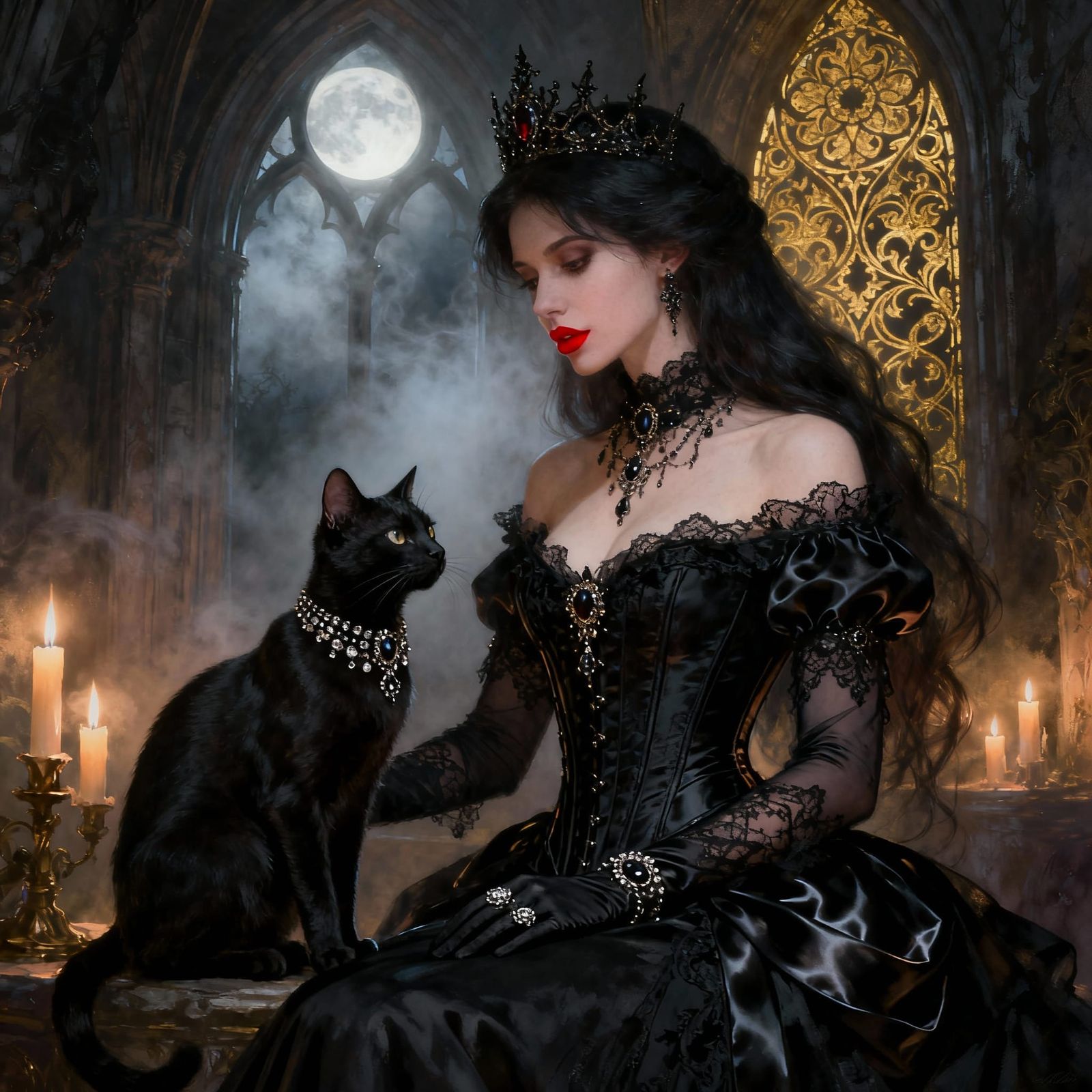 Gothic Woman with Black Cat, Dark Romantic Portrait