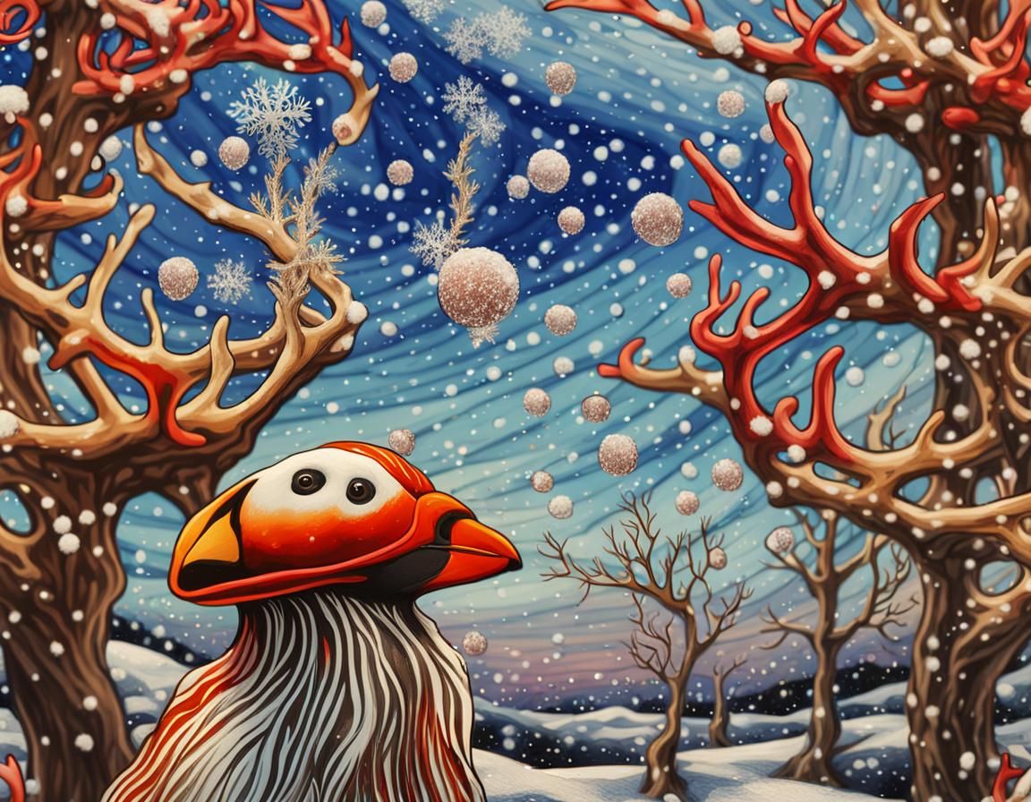Surreal Father Christmas Puffin in Winter Wonderland